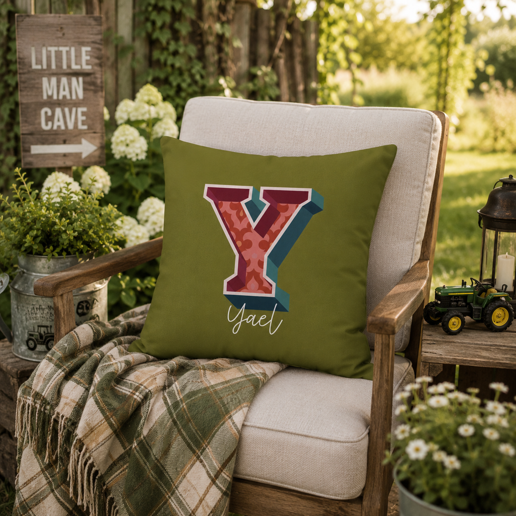 Initial Y pillow for him front view dark background