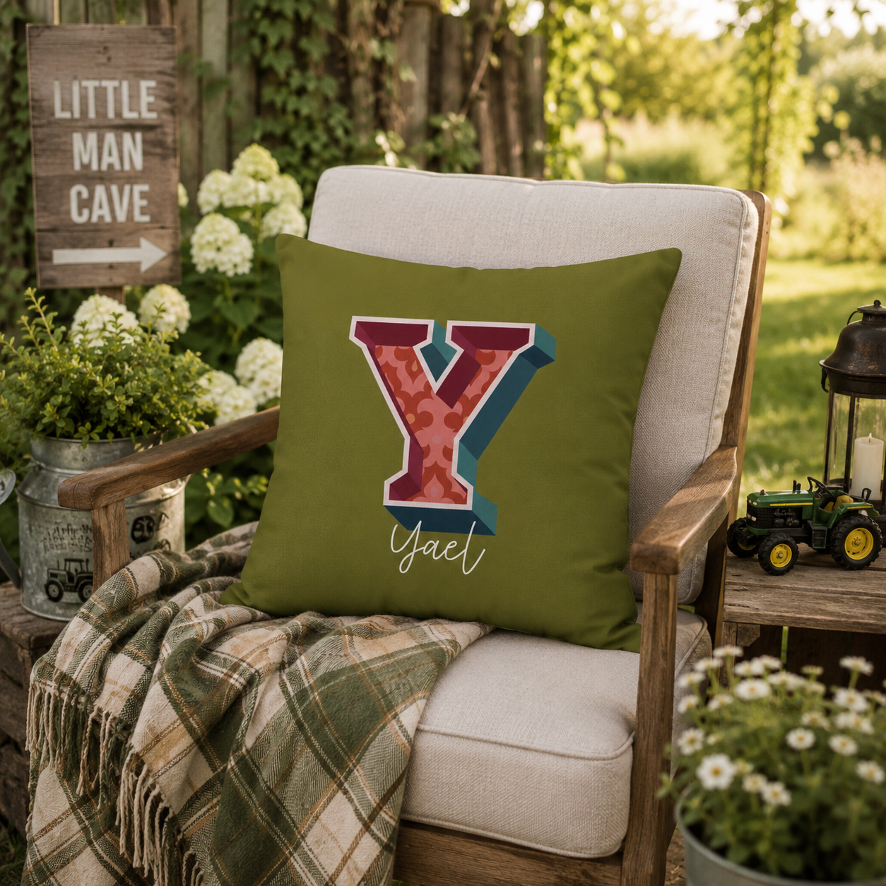 Initial Y pillow for him front view dark background