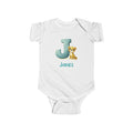 Personalized J baby bodysuit with jaguar – white cotton onesie with custom name