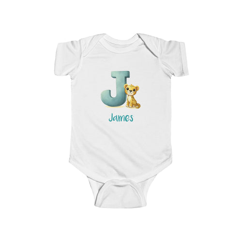 Personalized J baby bodysuit with jaguar – white cotton onesie with custom name