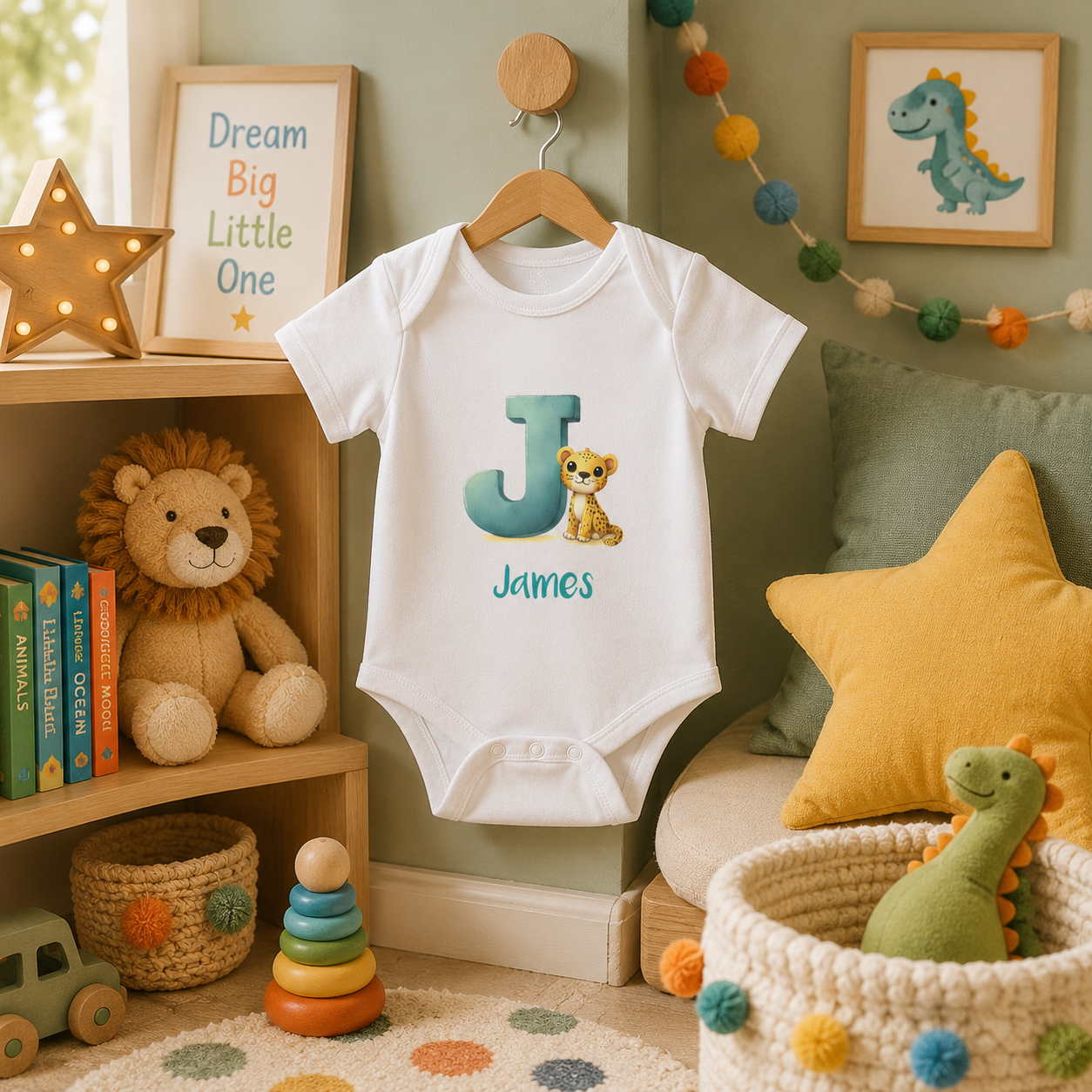 Initial J bodysuit with jaguar and name in script – flat lay
