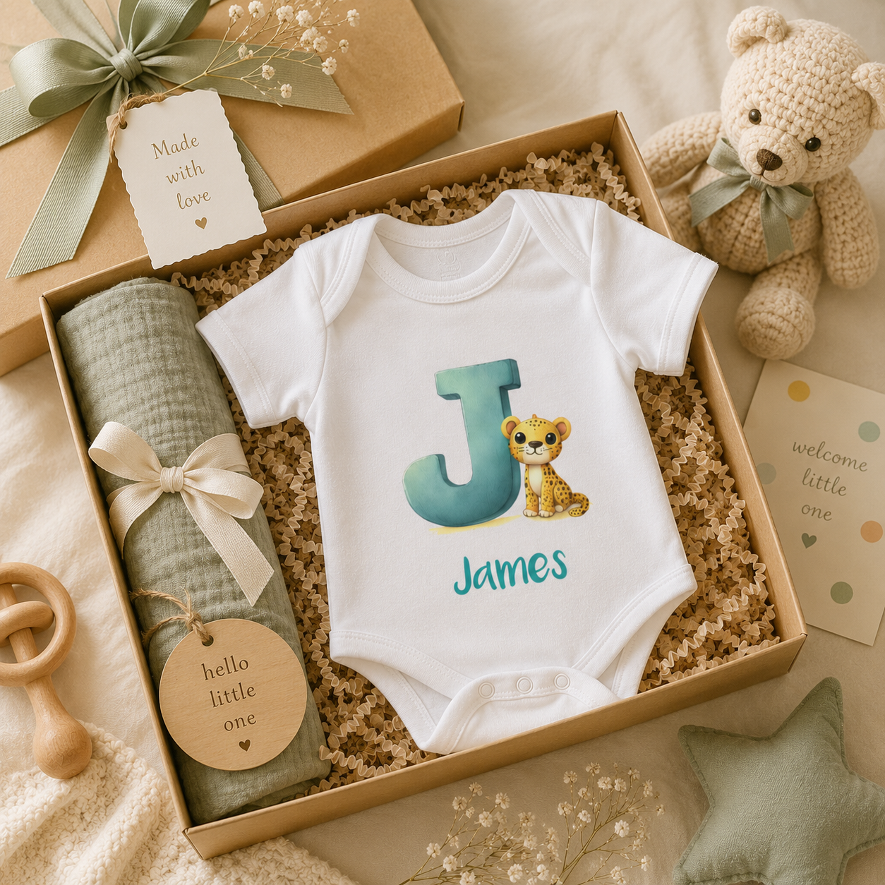 Close-up of J initial and jaguar on baby bodysuit