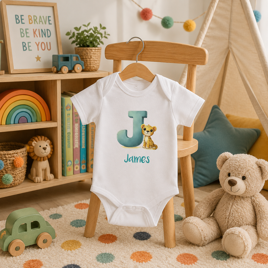Personalized J onesie with jaguar – lifestyle photo