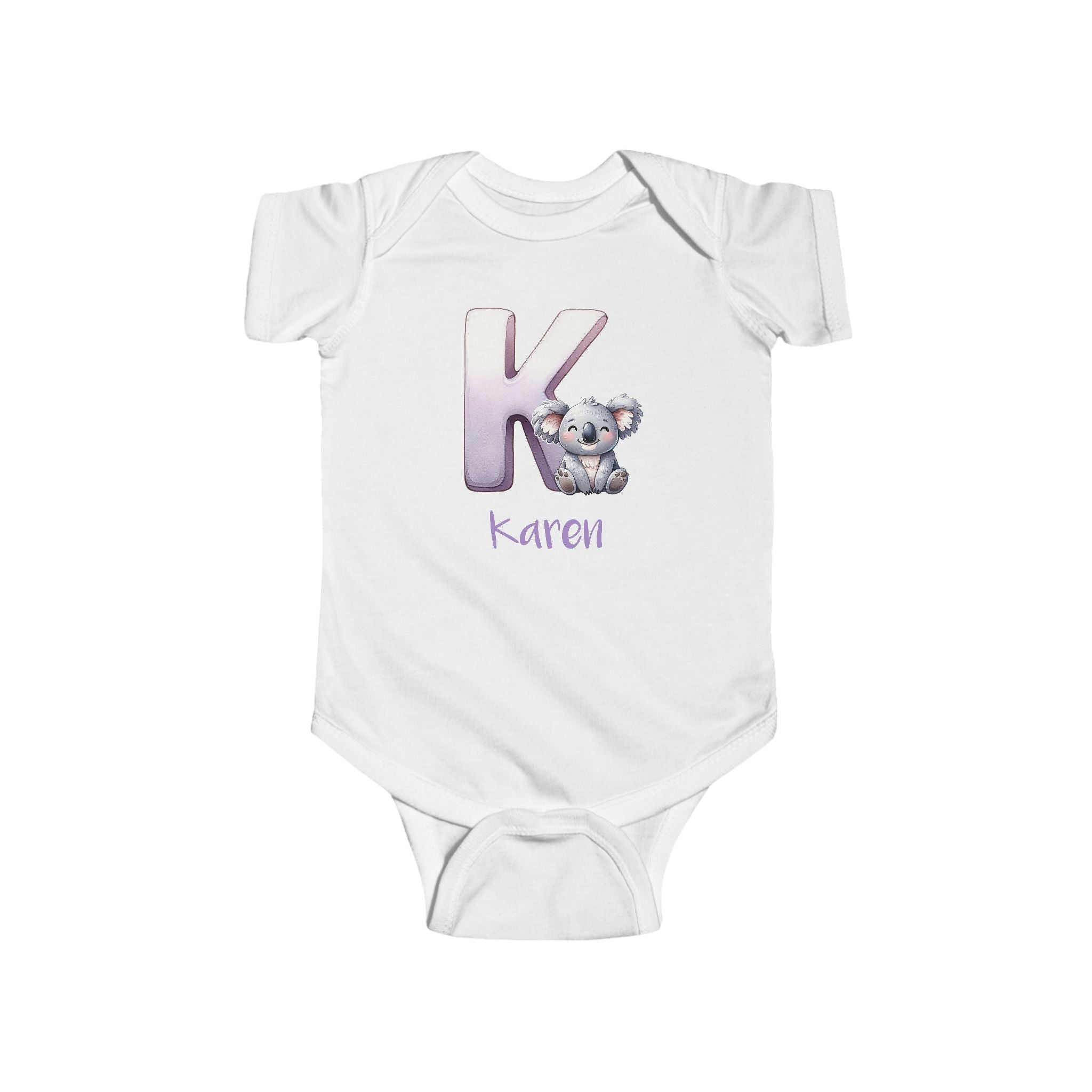 Personalized K baby bodysuit with koala – white cotton onesie with custom name