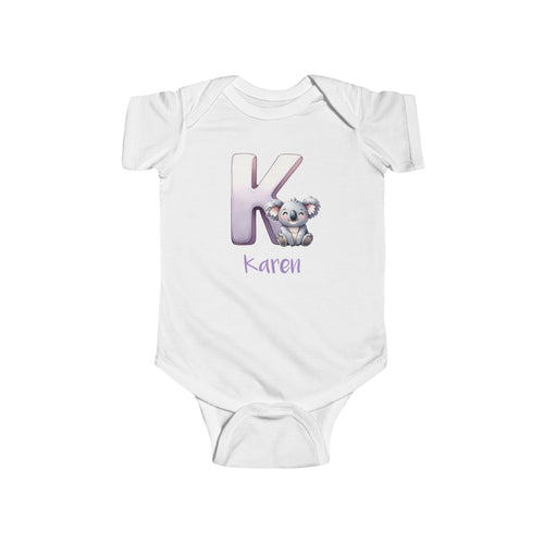 Personalized K baby bodysuit with koala – white cotton onesie with custom name
