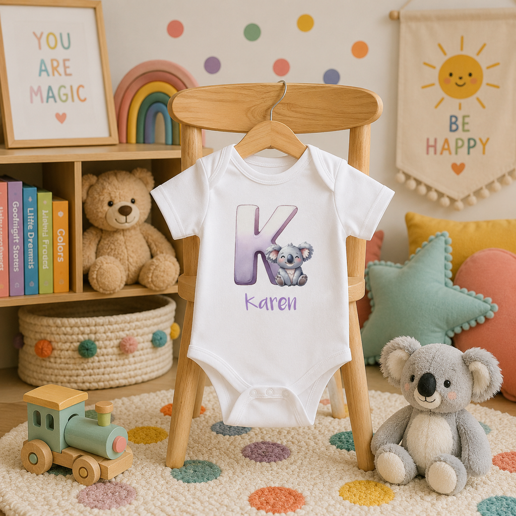 Initial K bodysuit with koala and name in script – flat lay