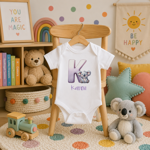 Initial K bodysuit with koala and name in script – flat lay