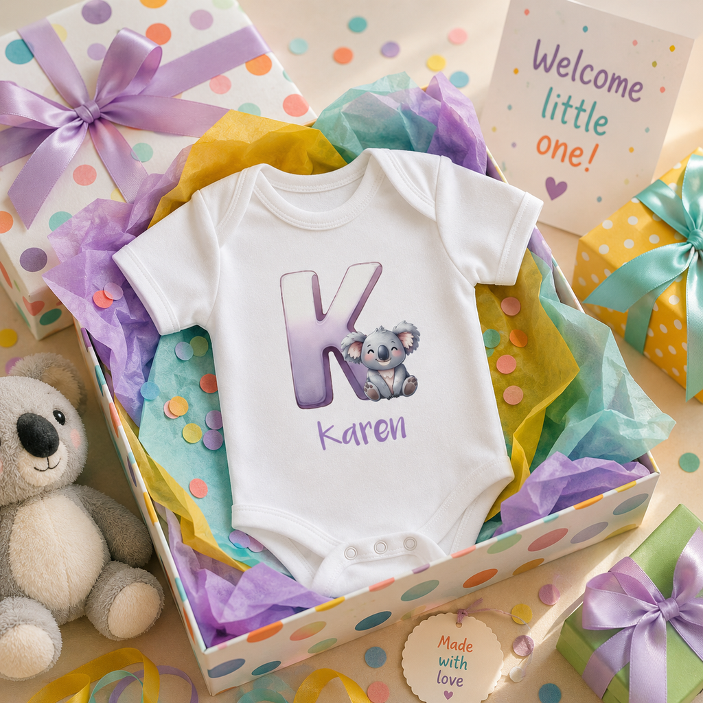 Close-up of K initial and koala on baby bodysuit