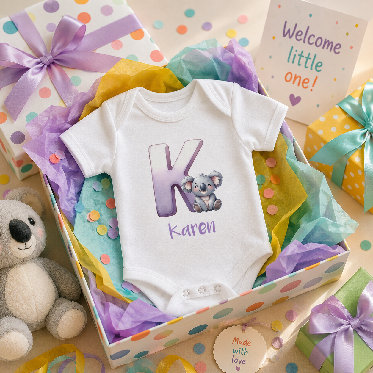 Close-up of K initial and koala on baby bodysuit