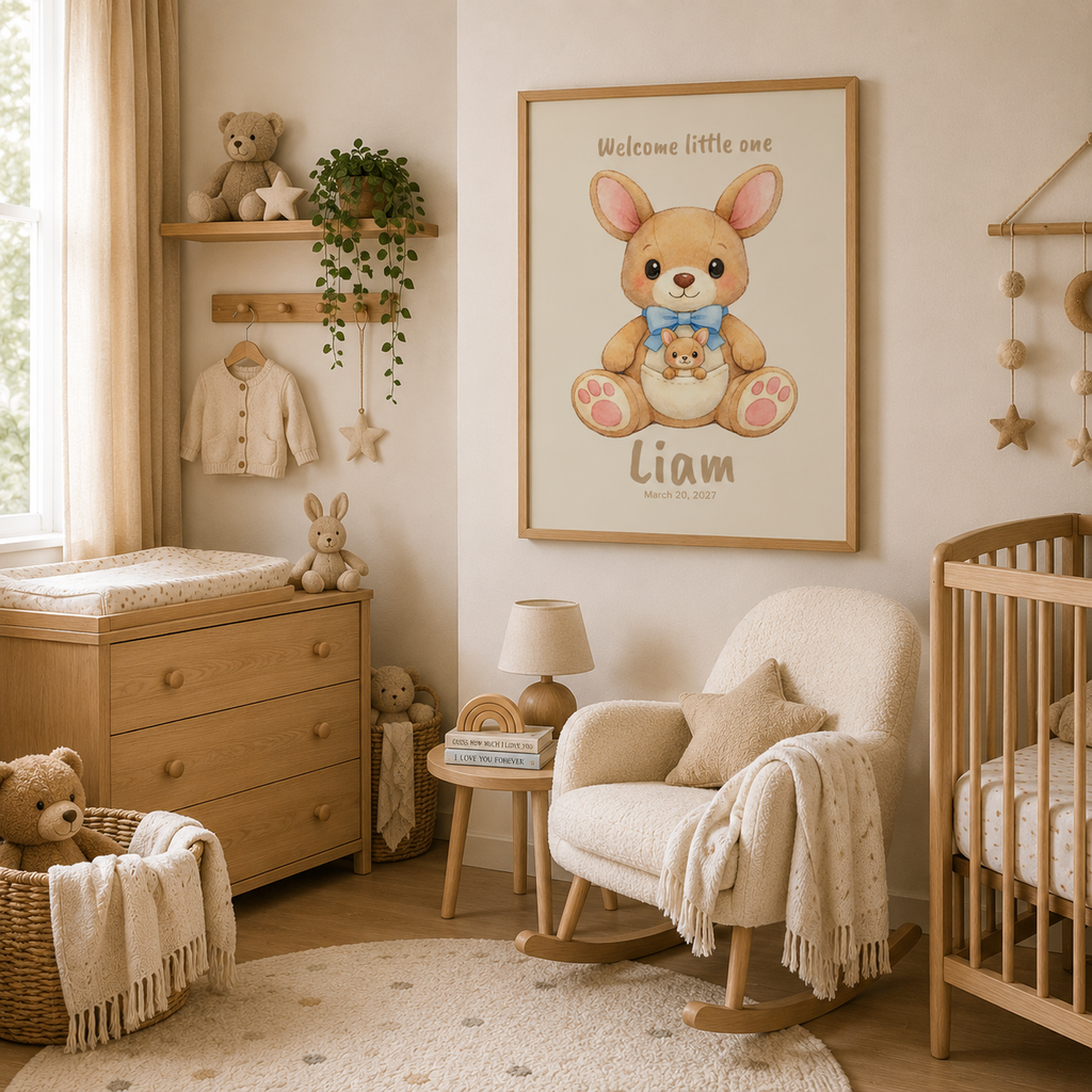 Close-up of kangaroo nursery poster showing personalized name and birth date