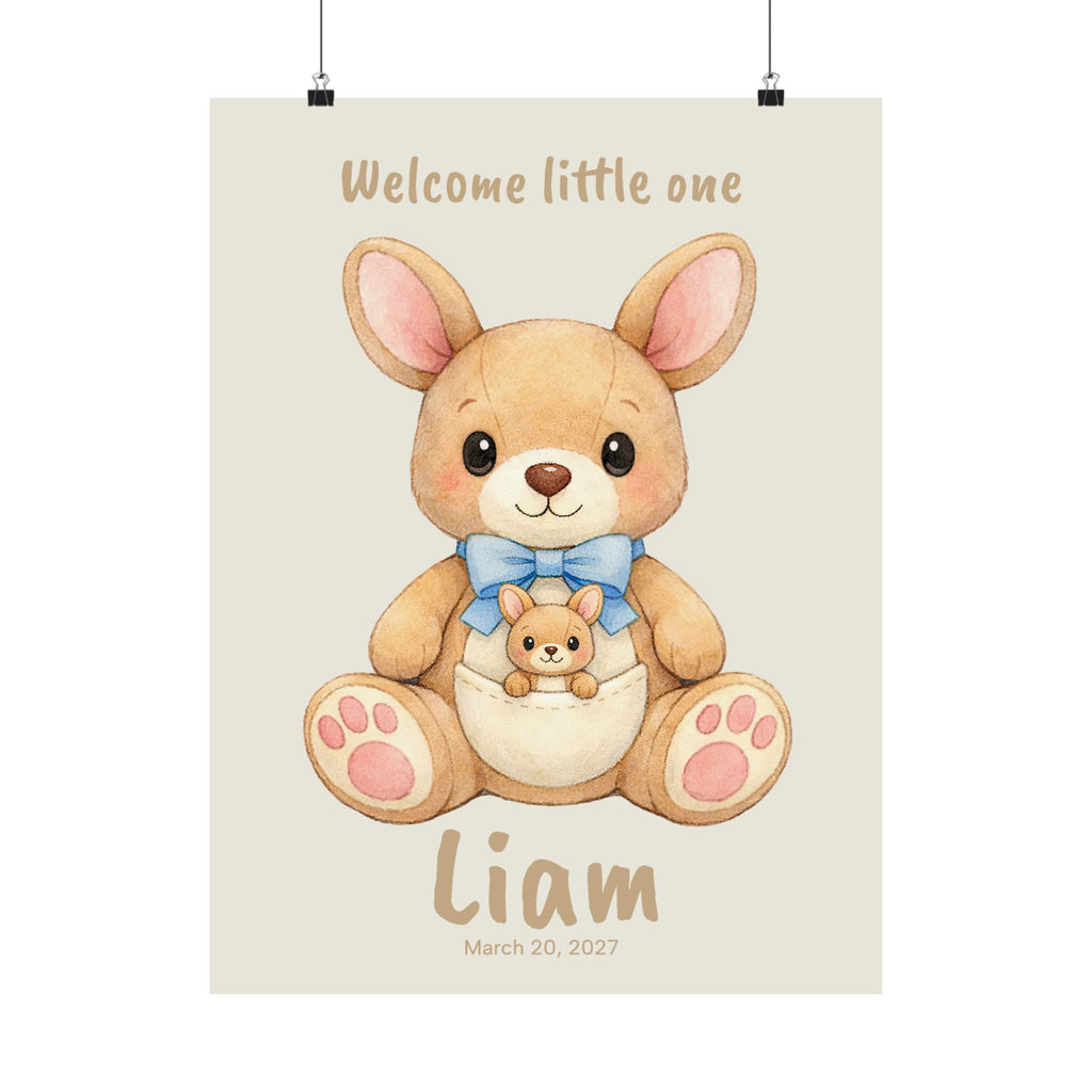 Personalized kangaroo with joey nursery poster, custom baby name and birth date
