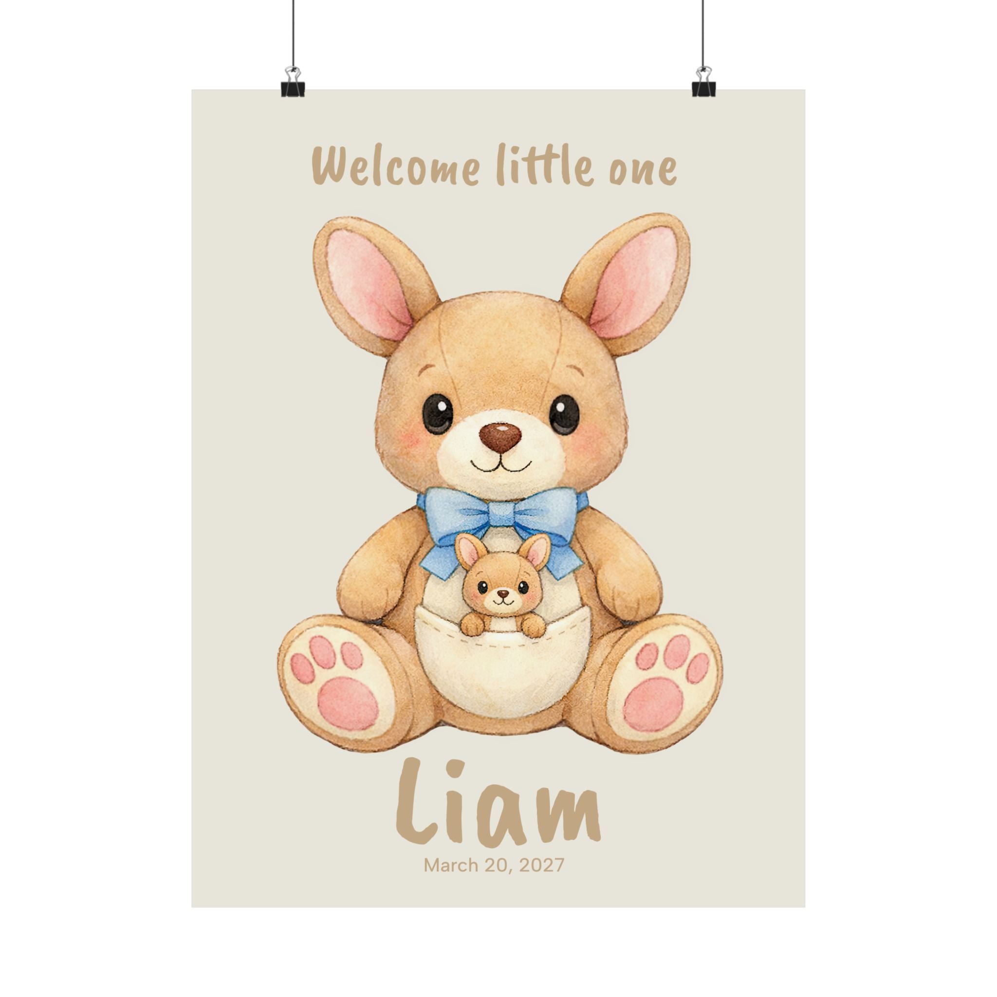 Personalized kangaroo with joey nursery poster, custom baby name and birth date