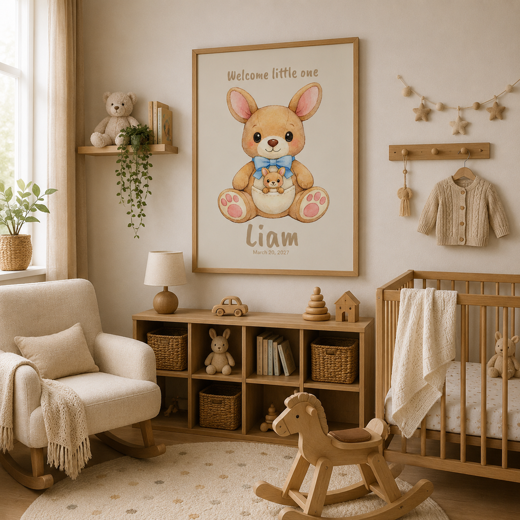 Kangaroo and joey baby name poster displayed in nursery room setting