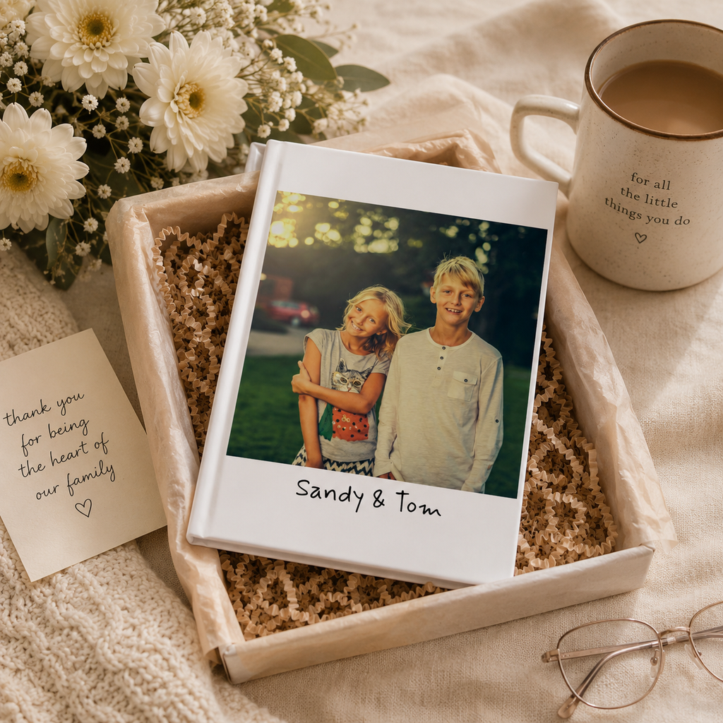 Personalized kids journal lifestyle – children photo notebook on desk as family gift