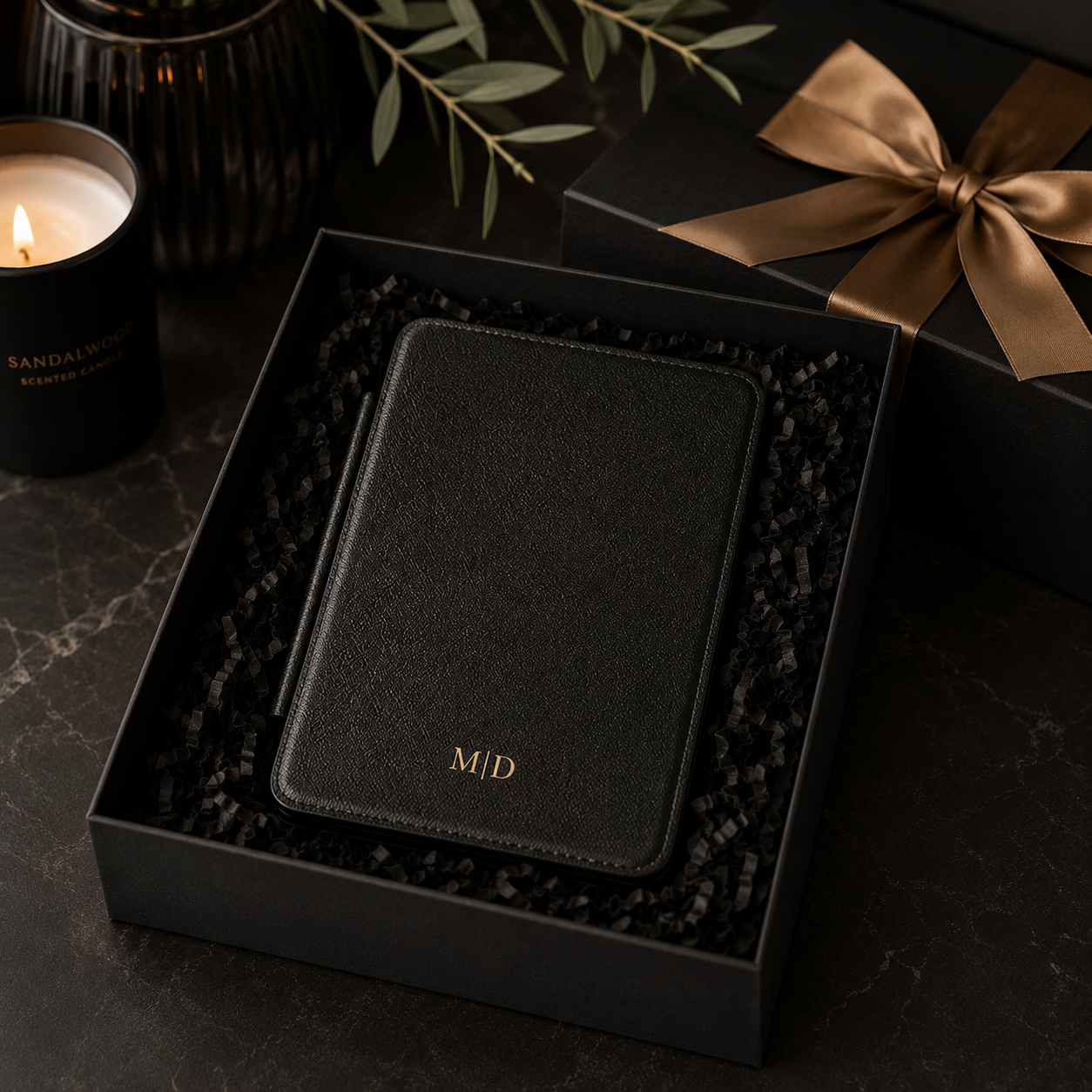Back cover of the black Saffiano leather personalized Kindle case