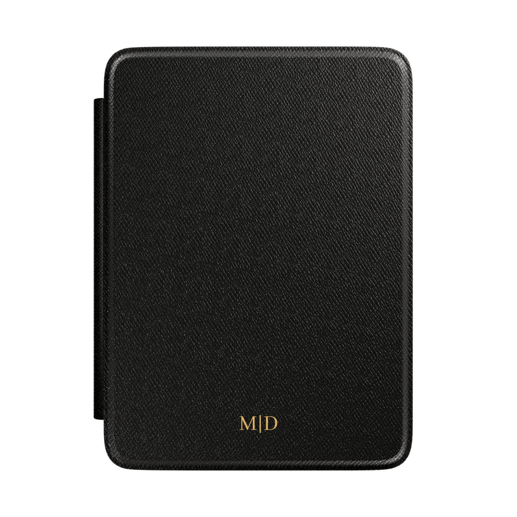 Black Saffiano leather personalized Kindle case with gold initials, front view