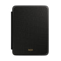 Black Saffiano leather personalized Kindle case with gold initials, front view