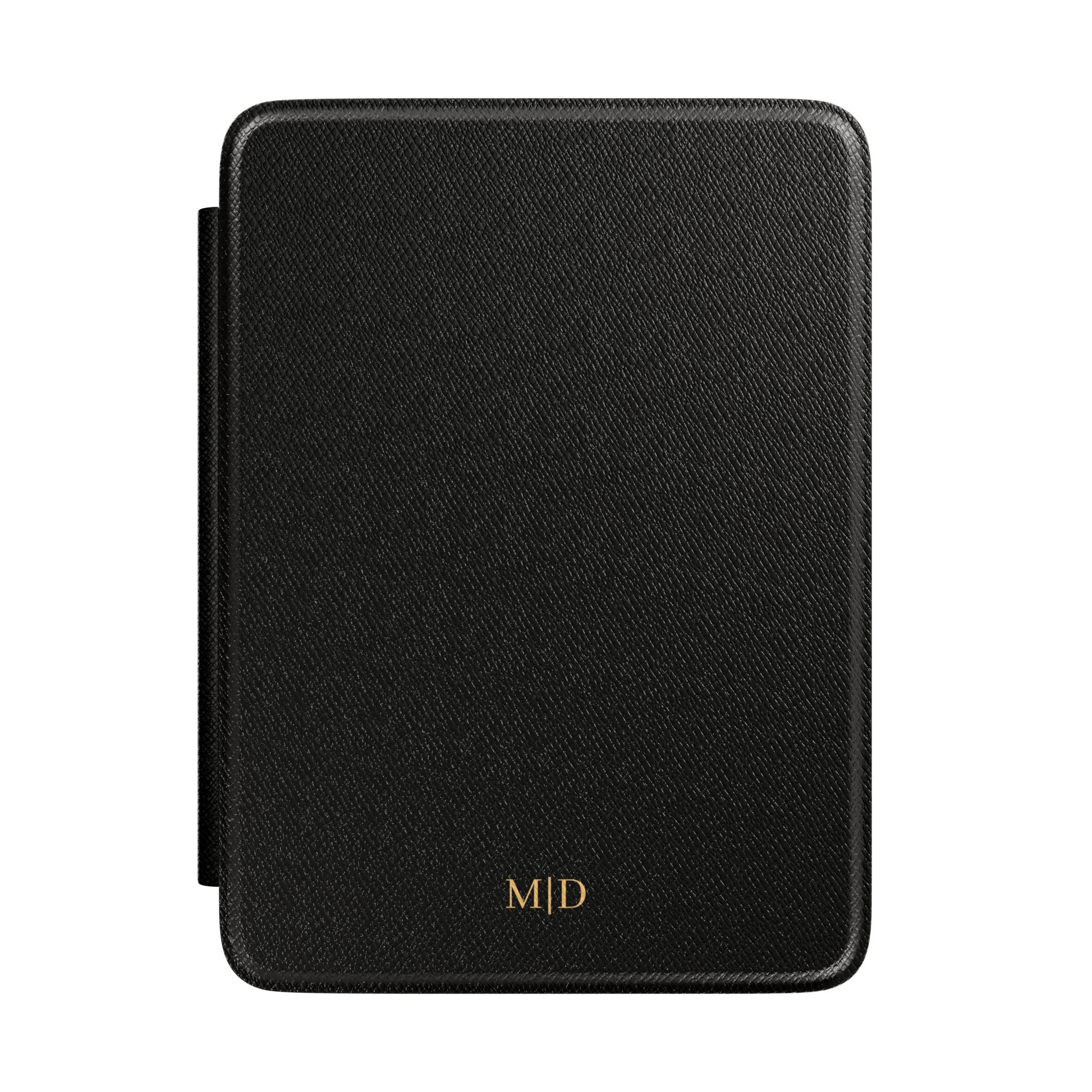 Black Saffiano leather personalized Kindle case with gold initials, front view