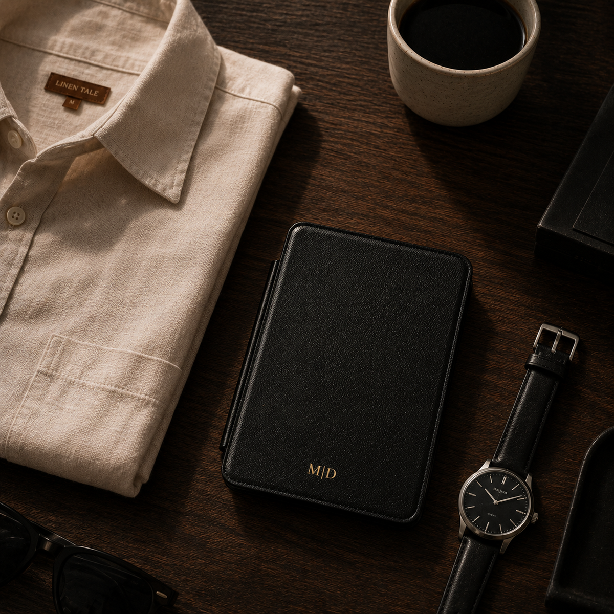 Open interior of the black Saffiano Kindle case showing the fabric lining and TPU shell