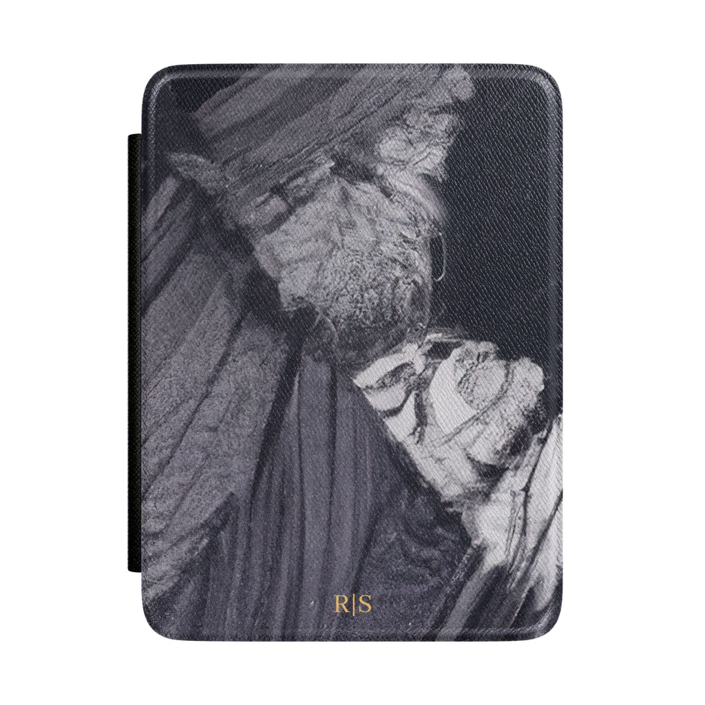Black marble abstract personalized Kindle case with gold initials, front view