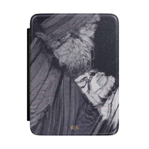 Black marble abstract personalized Kindle case with gold initials, front view