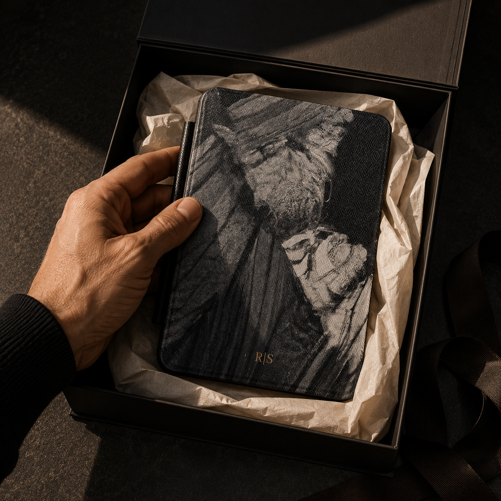 Open interior of the black marble abstract Kindle case showing the fabric lining and TPU shell