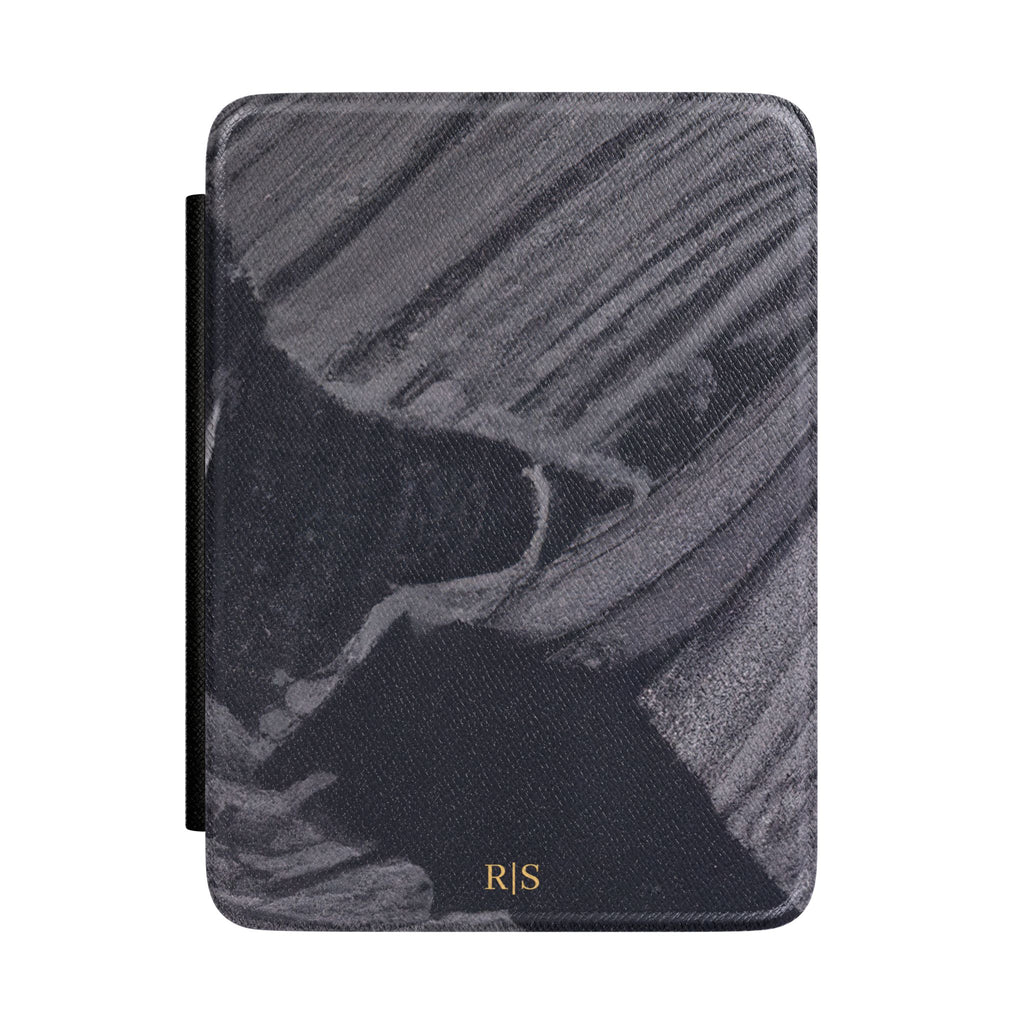 Black marble diagonal streak personalized Kindle case with gold initials, front view