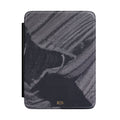 Black marble diagonal streak personalized Kindle case with gold initials, front view