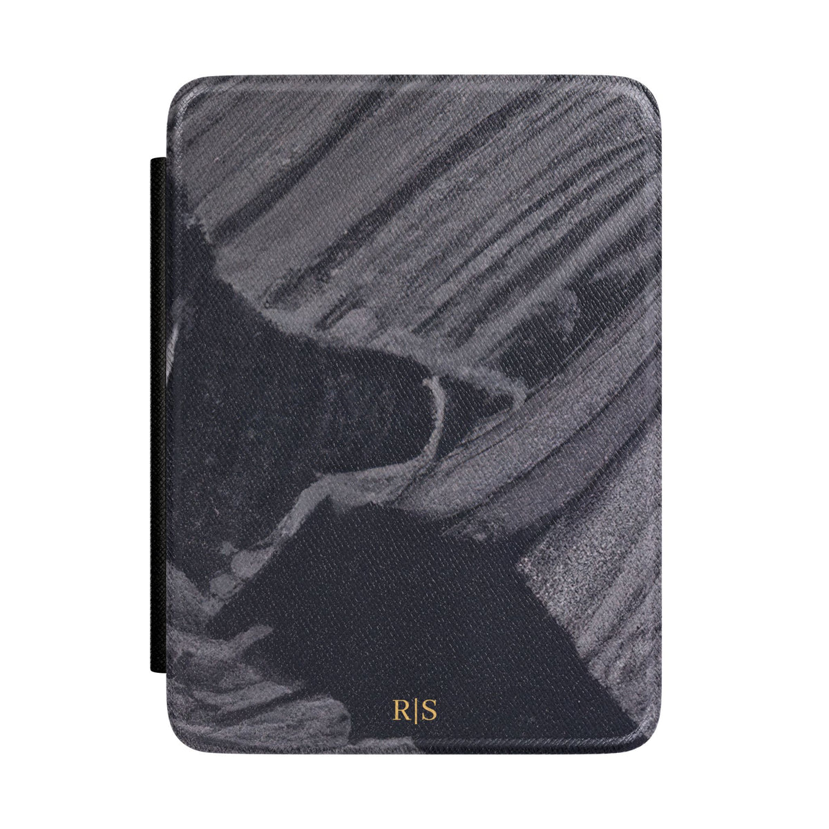Black marble diagonal streak personalized Kindle case with gold initials, front view