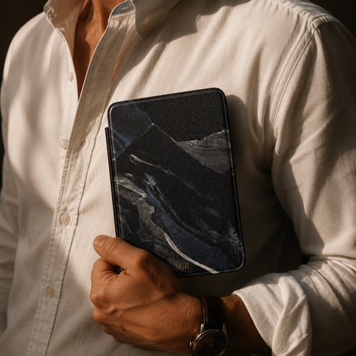 Back cover of the black marble streak personalized Kindle case