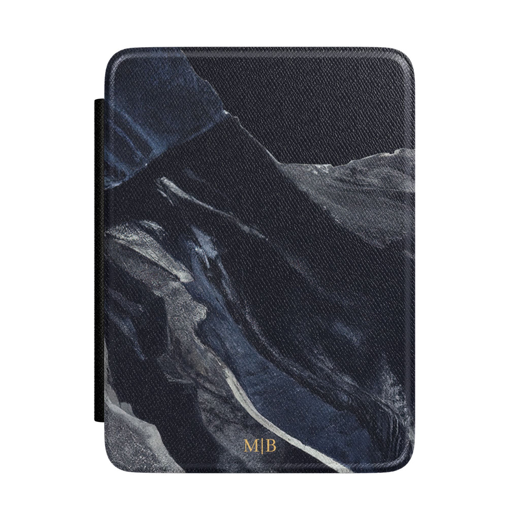Black marble streak personalized Kindle case with gold initials, front view