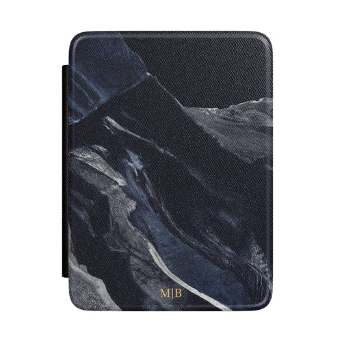 Black marble streak personalized Kindle case with gold initials, front view