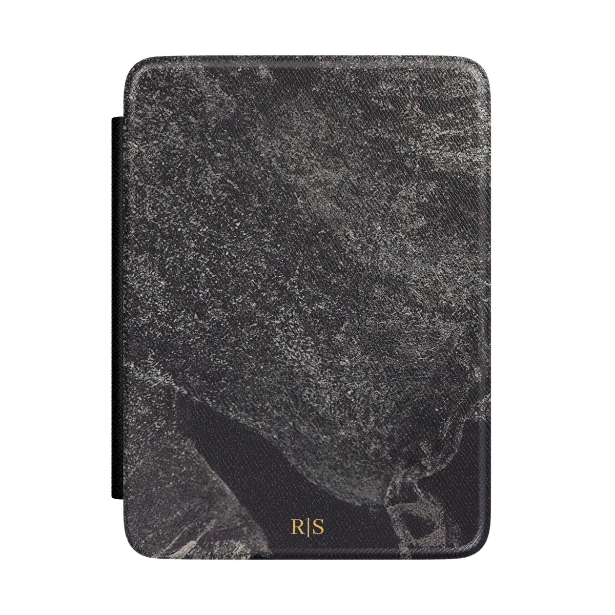 Black stone texture personalized Kindle case with gold initials, front view