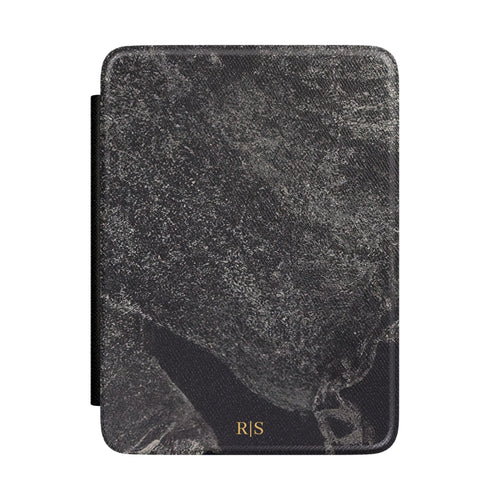 Black stone texture personalized Kindle case with gold initials, front view