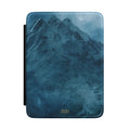 Sketched blue mountain personalized Kindle case with gold initials, front view