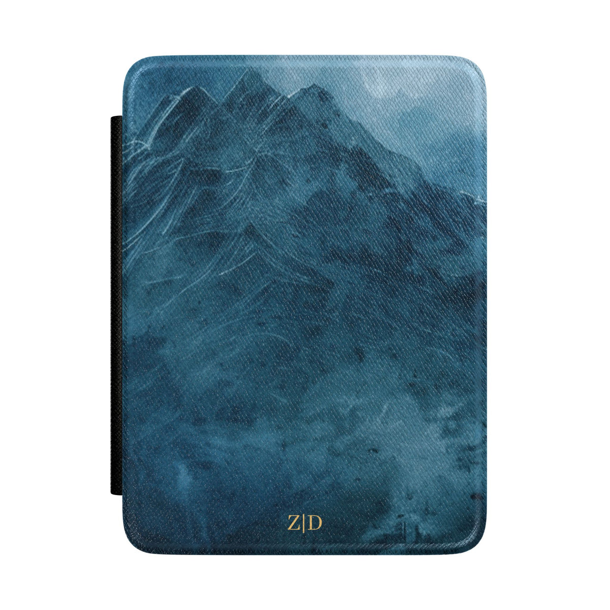 Sketched blue mountain personalized Kindle case with gold initials, front view
