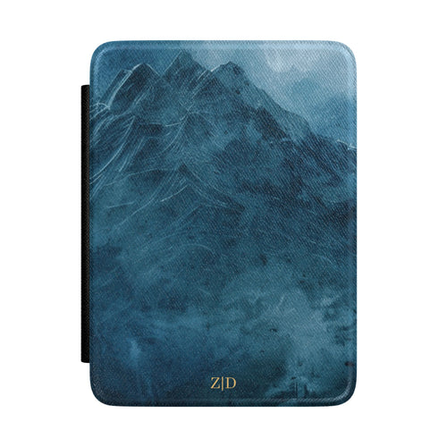 Sketched blue mountain personalized Kindle case with gold initials, front view