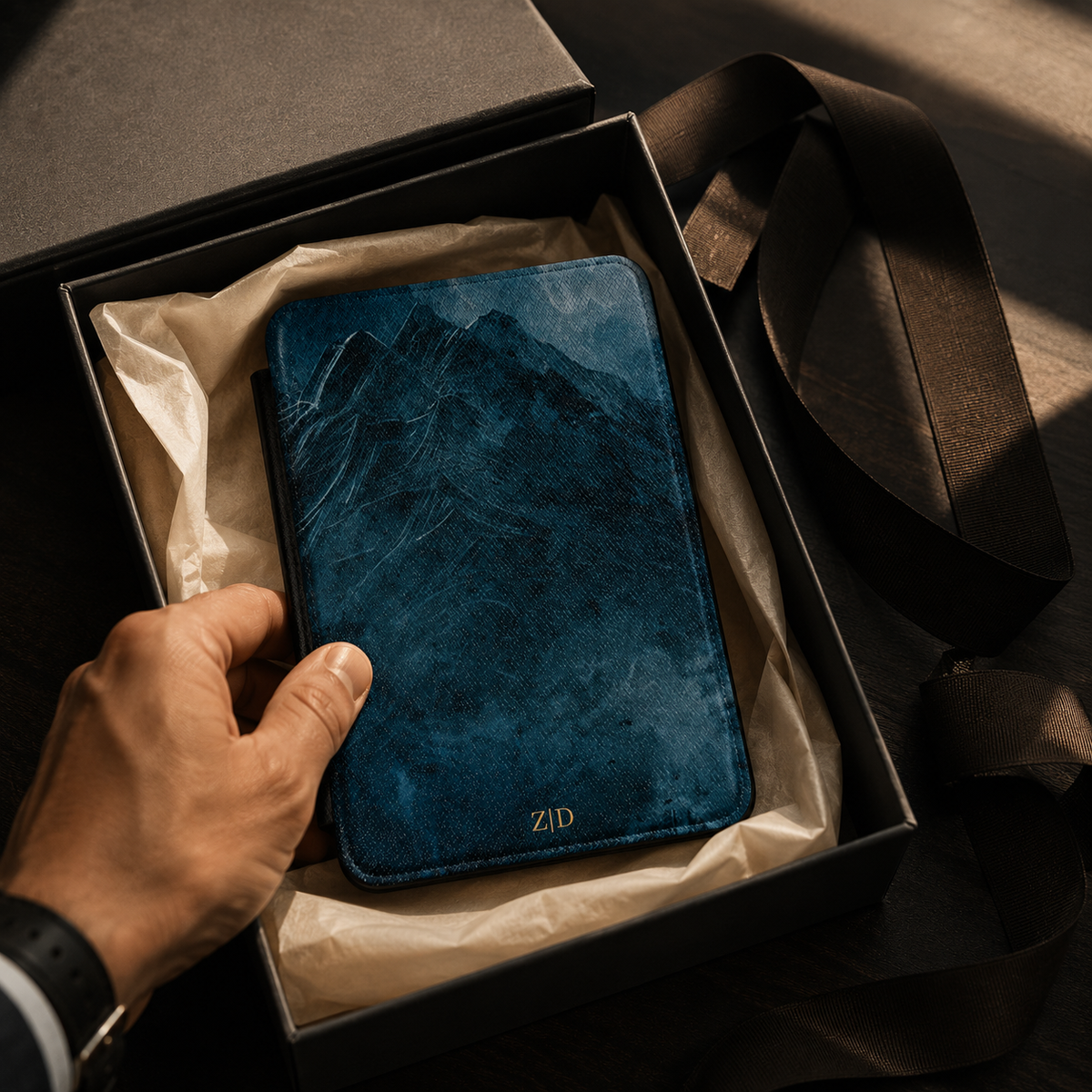 Open interior of the sketched blue mountain Kindle case showing the fabric lining and TPU shell