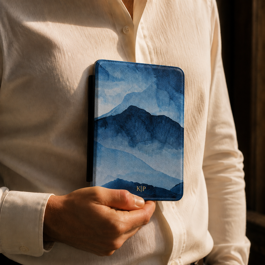 Back cover of the blue watercolor mountain personalized Kindle case
