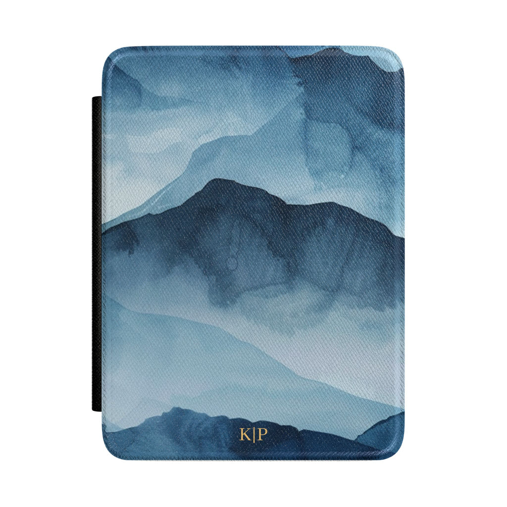 Blue watercolor mountain personalized Kindle case with gold initials, front view