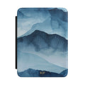 Blue watercolor mountain personalized Kindle case with gold initials, front view
