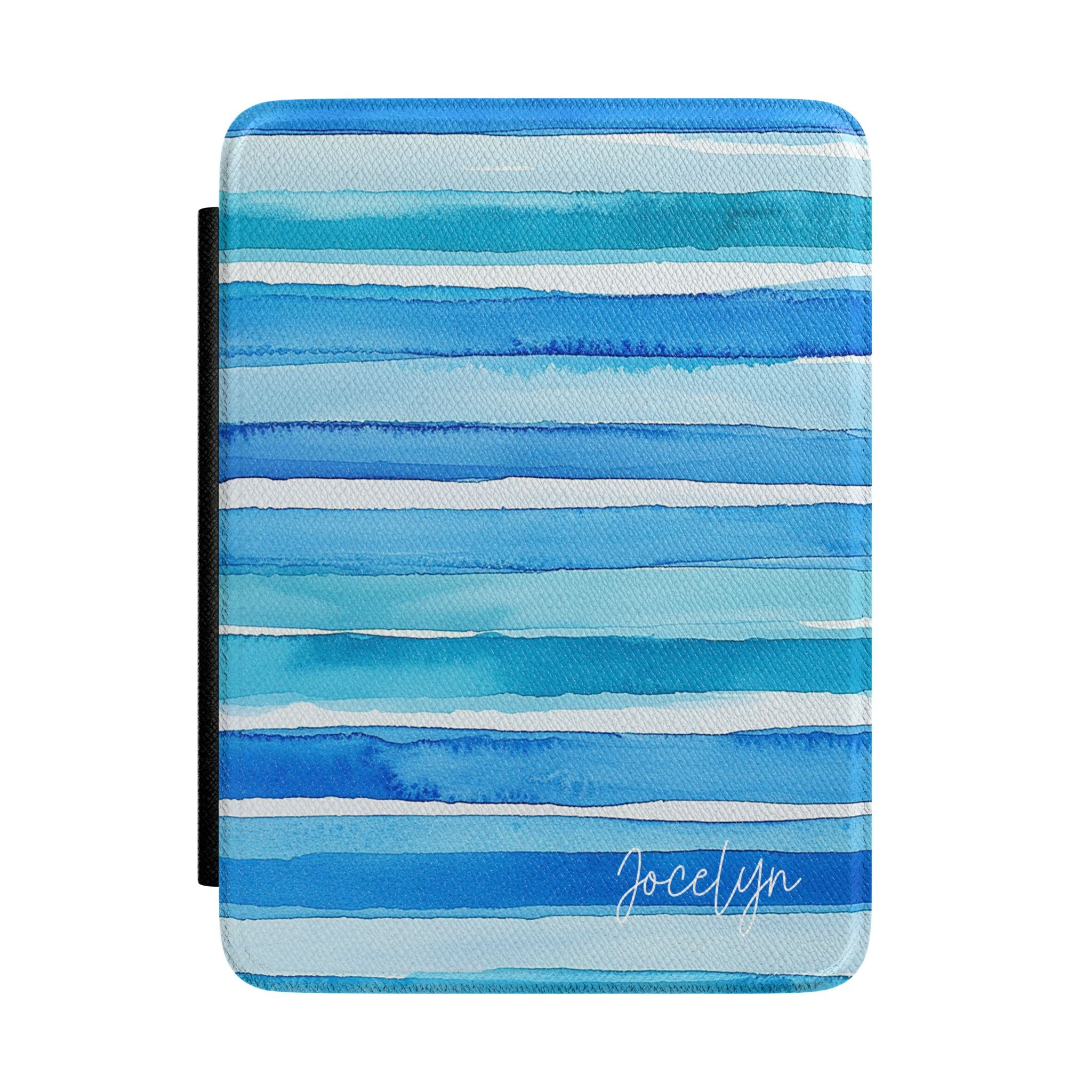 Personalized blue watercolor stripes horizontal Kindle case, custom name