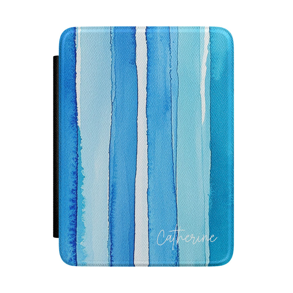 Personalized blue watercolor stripes Kindle case, custom name