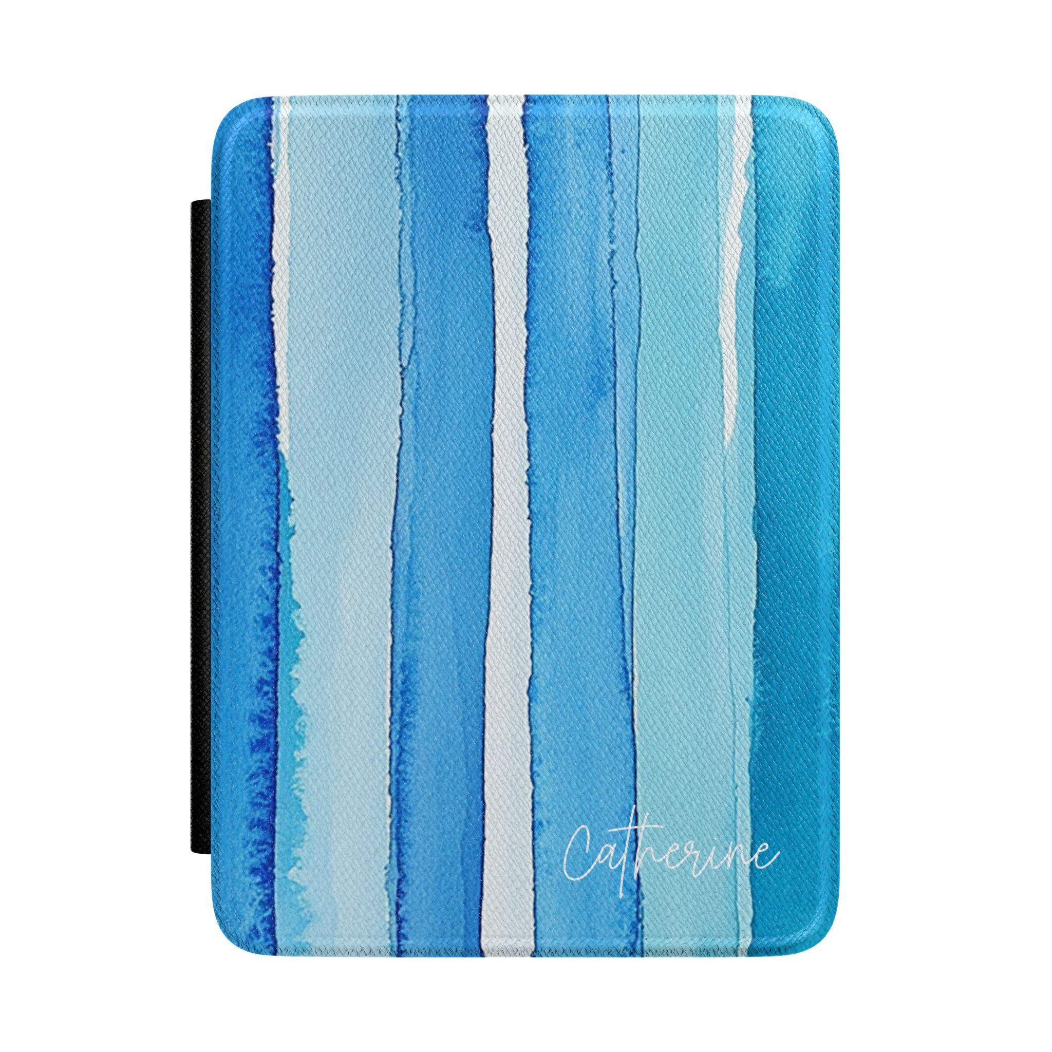 Personalized blue watercolor stripes Kindle case, custom name