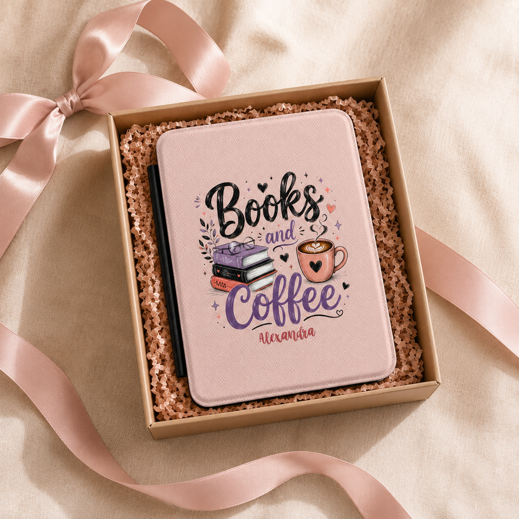 Personalized Books and Coffee Kindle case shown in a gift setting