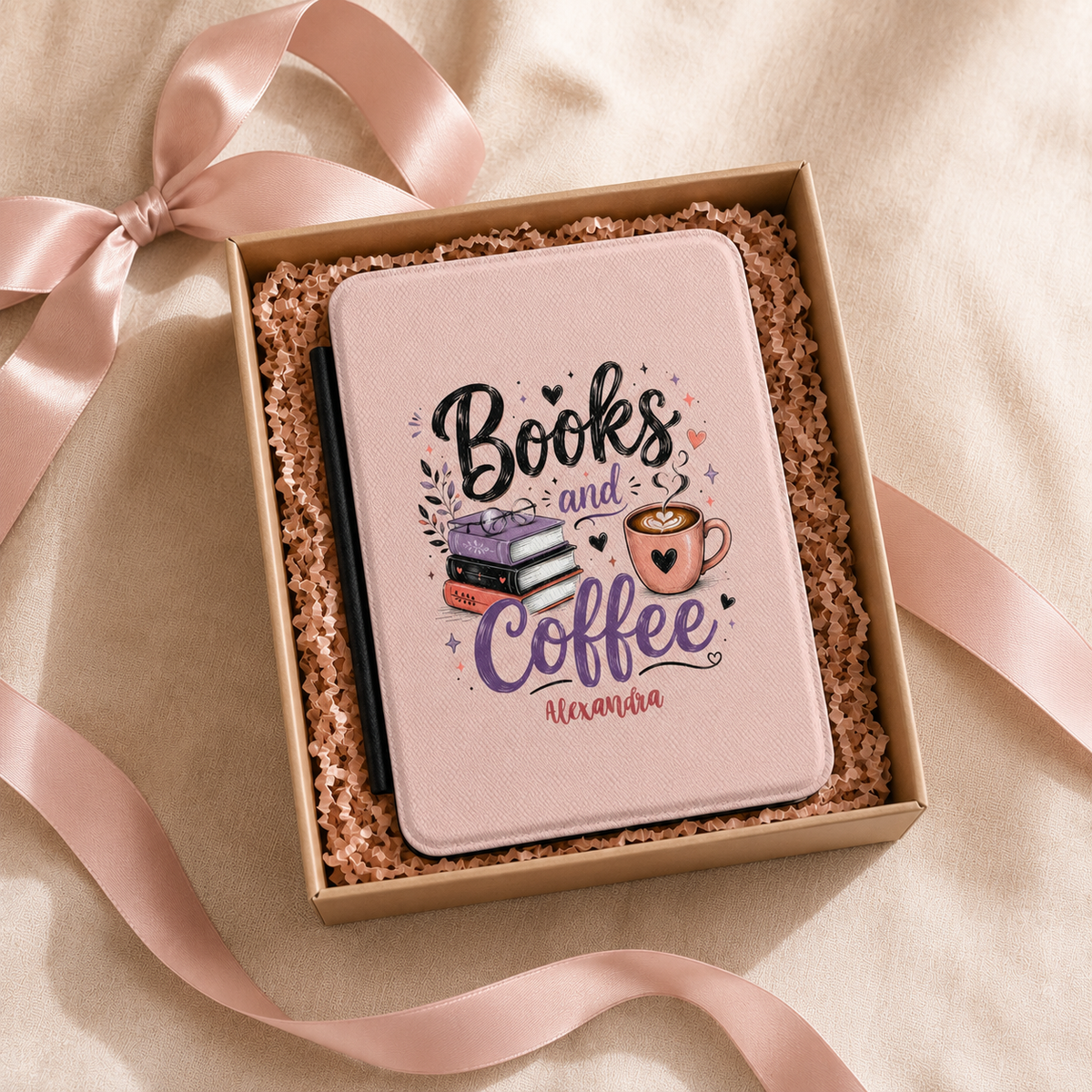 Personalized Books and Coffee Kindle case shown in a gift setting