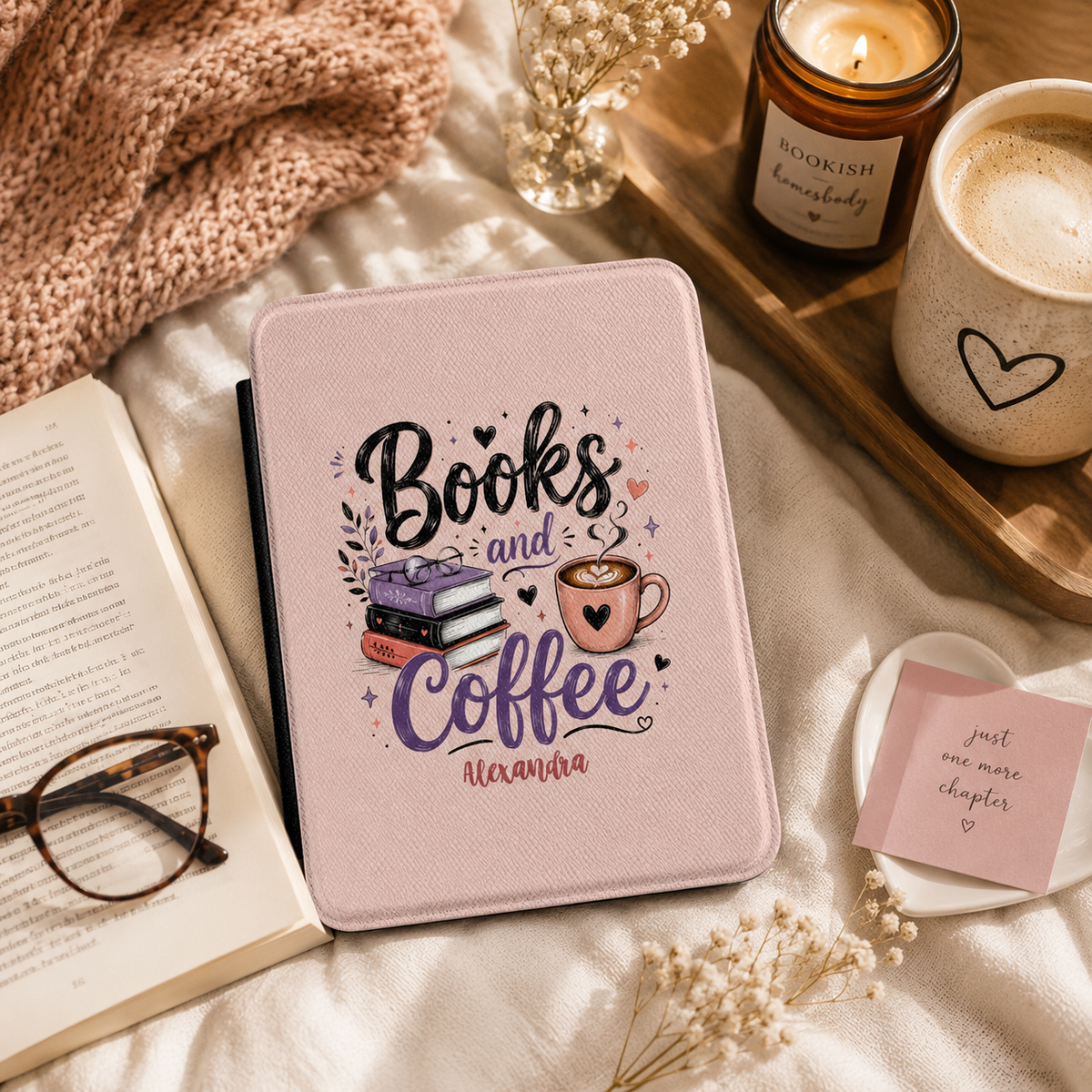 Personalized Books and Coffee Kindle case styled in a lifestyle reading setting
