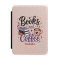 Personalized Kindle case with Books and Coffee design on blush pink, custom name Alexandra
