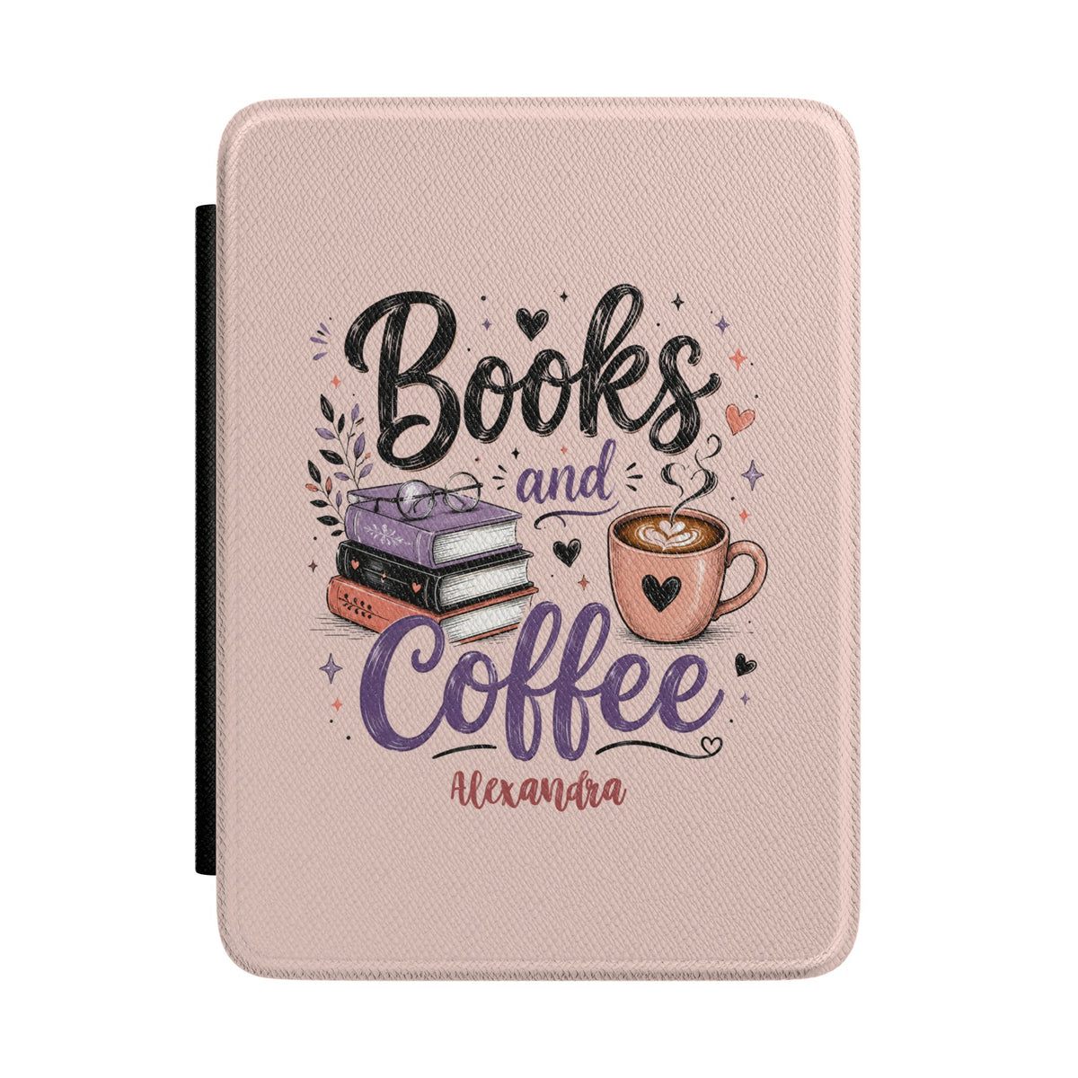 Personalized Kindle case with Books and Coffee design on blush pink, custom name Alexandra