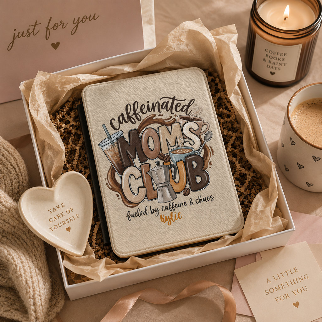 Personalized Caffeinated Moms Club Kindle case shown in a gift setting